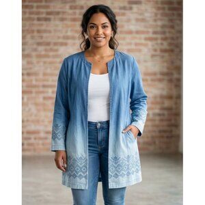 Chico's 1 US M 8 Blue Ombre Open Front Chambray Jacket Pockets